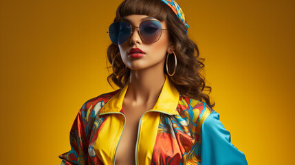 Cool teenager. Fashionable DJ girl in colorful trendy jacket and vintage retro sunglasses enjoys style of 80s 90s vibes. Teenager Girl at disco party. Young fashion model isolated on yellow  