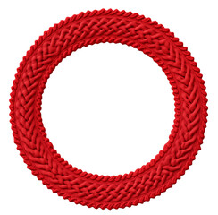 Round knitted red frame with a knitted braid around the perimeter. Isolated on a transparent background.