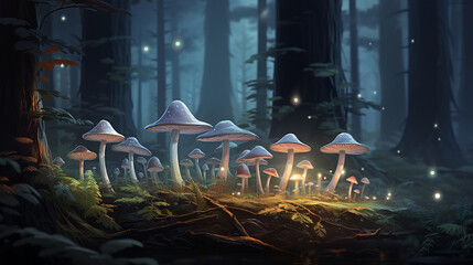 Digital painting of some mushrooms in the forest