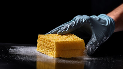 A hand wiping a surface with a sponge, black background - obrazy, fototapety, plakaty