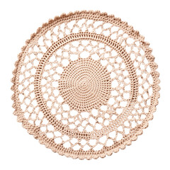 Round knitted beige/coffee lace doily, retro rug. Isolated on a transparent background.