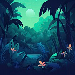 Fototapeta na wymiar Jungle Background - Simplistic Jungle Flat Illustration Vector Wallpaper - Based Animation Style - Animated Jungle Illustration Backdrop created with Generative AI Technology