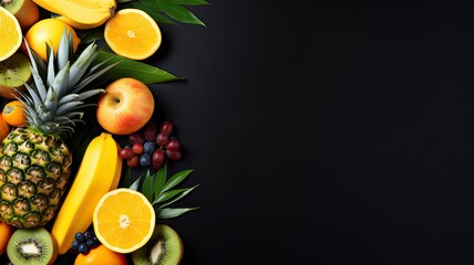 Tropical fruit background template flat lay
