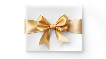 white piece of paper with silk golden ribbon bow on white background