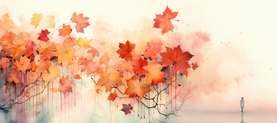Obraz na płótnie Canvas watercolor autumn background with orange seasonal leaves
