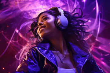 Fototapeta na wymiar Young afro american teenage girl enjoying cool music on purple background in lights