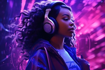 Young afro american teenage girl enjoying cool music on purple background in lights