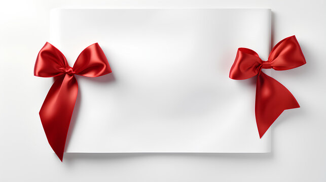white piece of paper with silk red ribbon bow on white background