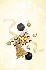 Creative composition of festive present boxes. Free levitation. Black and gold colors