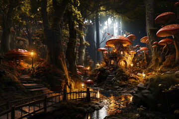 Miniature fairy house in amanita muscaria mushroom. Fairy tale mushroom house in the middle of a magical forest