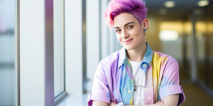 Non-binary doctor with colorful hair, arms crossed in hospital.