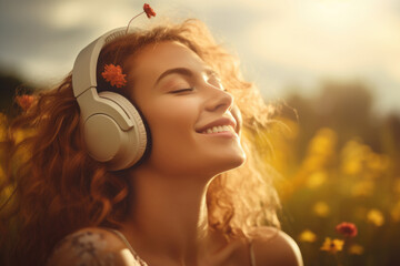 Fashion pretty woman with headphones listening to music
