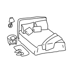 cute cozy bedroom with pillows bedside tables, night light in simple cartoon style in vector