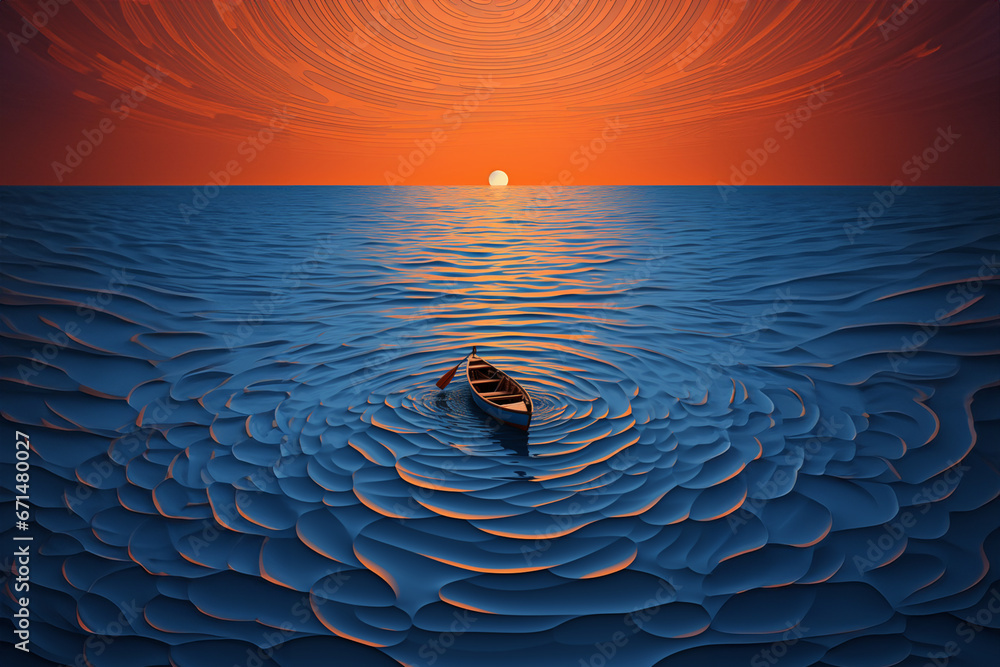 Fototapete A tranquil view of a canoe gliding through calm water, with its movement creating a symmetrical pattern of circles. 