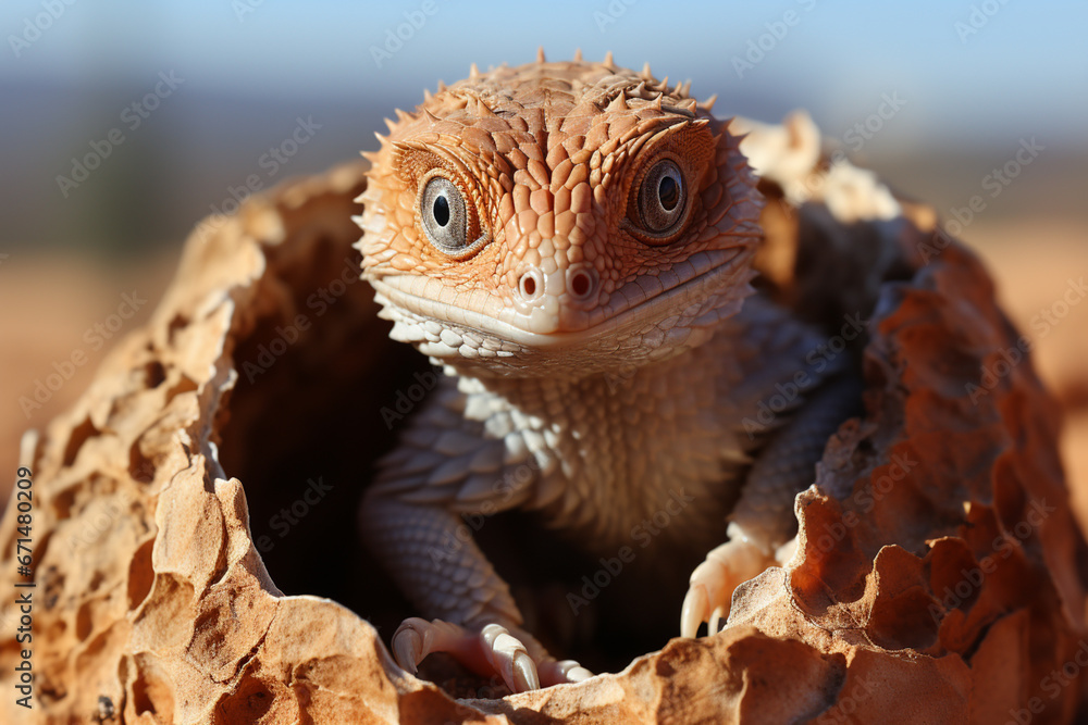 Aufkleber a baby lizard emerging from its egg on a warm rock in the desert.