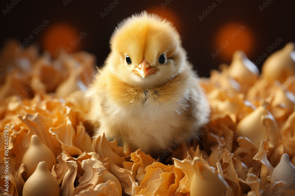 Poster a baby chick breaking through the shell of its egg, with tiny cracks visible.