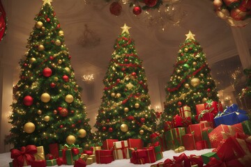 a beautifully decorated Christmas tree, adorned with an array of colorful ornaments with gifts