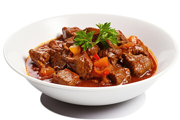 Dish of meat stew with tomato sauce on white background - obrazy, fototapety, plakaty