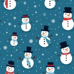 Christmas seamless pattern with snowman and snowflakes on a blue background. Winter pattern for wrapping paper, pattern fills, winter greetings, web page background, greeting cards