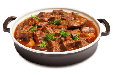 Dish of meat stew with tomato sauce on white background