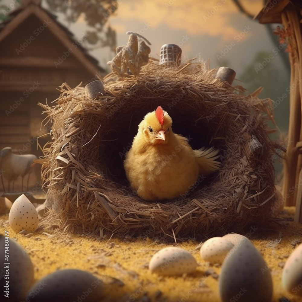 Poster a touching scene of a chicken hatch from egg.