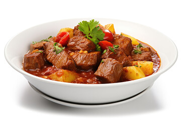 Dish of meat stew with tomato sauce on white background - obrazy, fototapety, plakaty