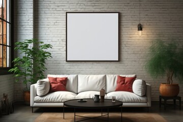 frame with blank poster mockup in room in modern loft style in grey colors