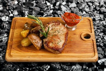 Tasty fresh hot cooked meat steak dish. Restaurant menu