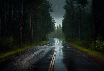 Fototapeta premium A forest road in the rain. AI Generated