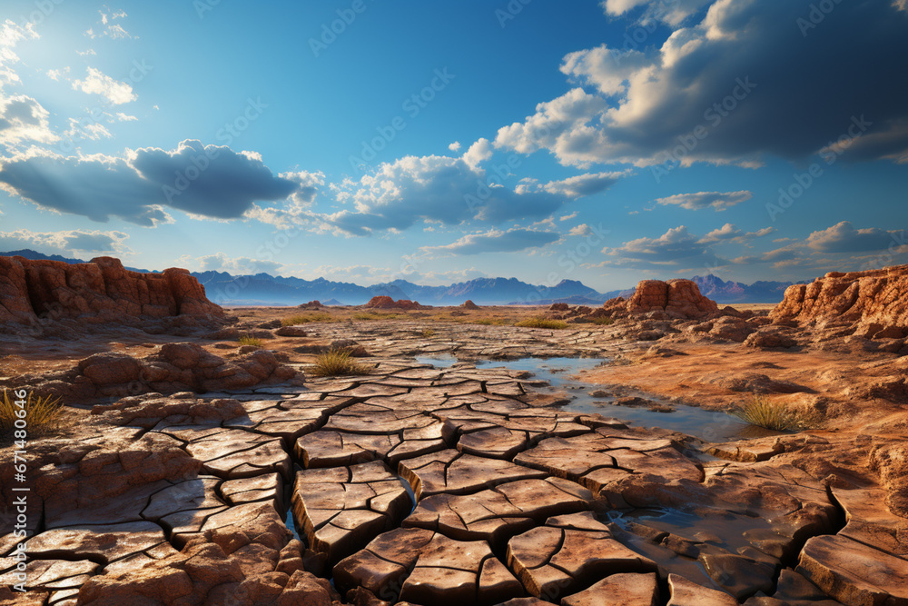 Poster A photograph of a rocky desert landscape, with cracks in the earth's surface adding depth and texture. 