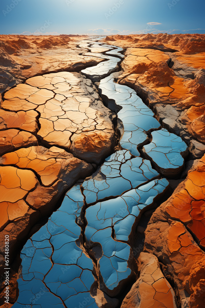 Poster a striking aerial image of a vast desert landscape, with intricate cracks forming mesmerizing patter