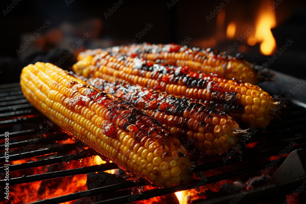 Poster A close-up shot of corn on the cob grilling over an open flame, capturing the sizzle and char marks.  