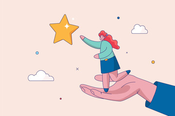Career development support concept. Assistant or mentor to help reach business goal to achieve target. Helping hand lifting businesswoman employee to overcome obstacle to reach the star in the sky.