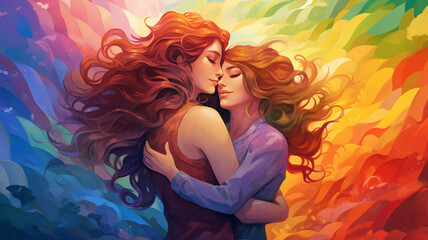 Two beautiful girls in love with long hair, hugging each other, against the background of a multicolored rainbow
