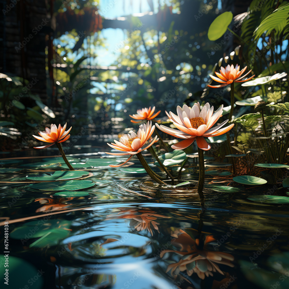 Poster a mesmerizing view of lily pads with their circular leaves creating delicate patterns on the mirror-