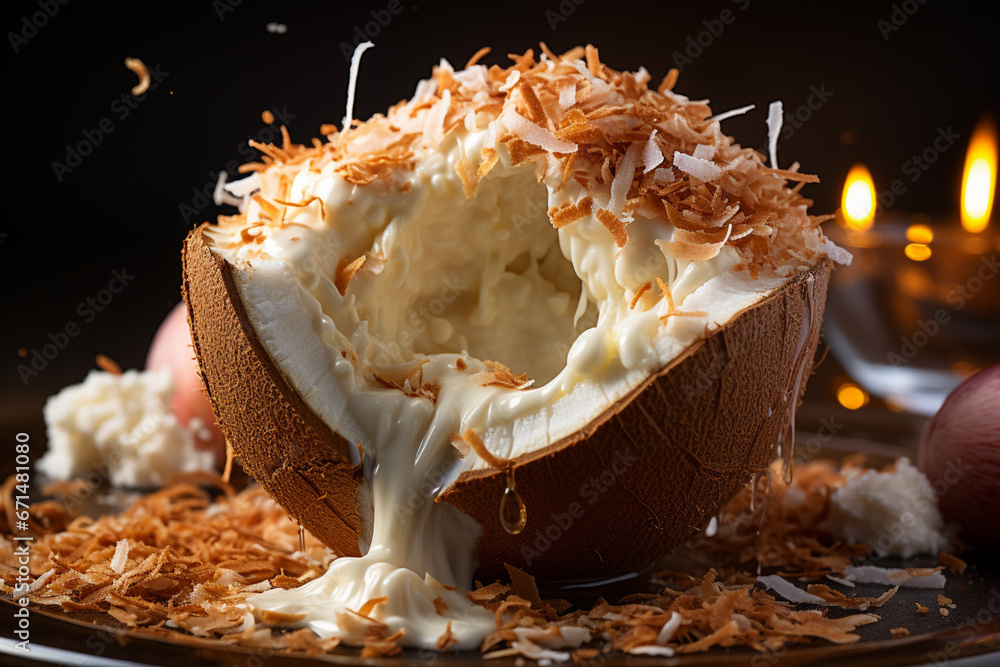 Poster a scoop of coconut-flavored ice cream served in a halved coconut shell, topped with shredded coconut
