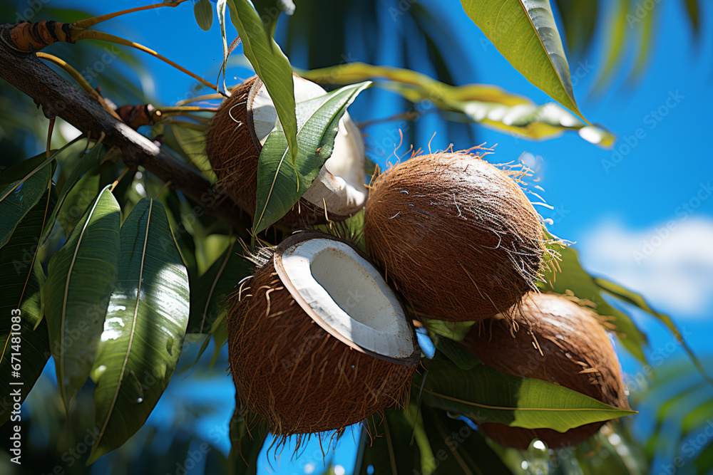 Poster an overhead view of a lush coconut grove, with ripe coconuts hanging from the trees against a clear 