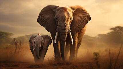 Fototapeta na wymiar Portrait of an African elephant and its calf.
