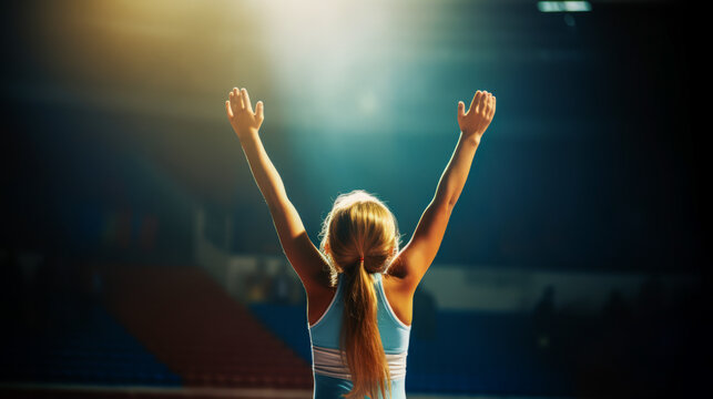 Blonde little gymnast jubilantly raises arms in spotlighted gym.