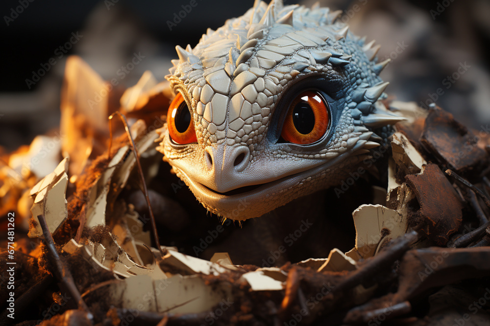 Fototapete A visual story of a hatchling taking its first steps outside the eggshell, capturing its initial interactions with the world.  