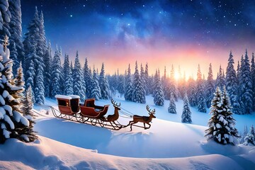 An enchanting watercolor scene of Santa's sleigh, led by reindeer, flying through a starry winter sky, casting a warm, magical glow on the snowy landscape below. - obrazy, fototapety, plakaty