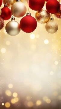 Christmas background with red and golden baubles on bokeh