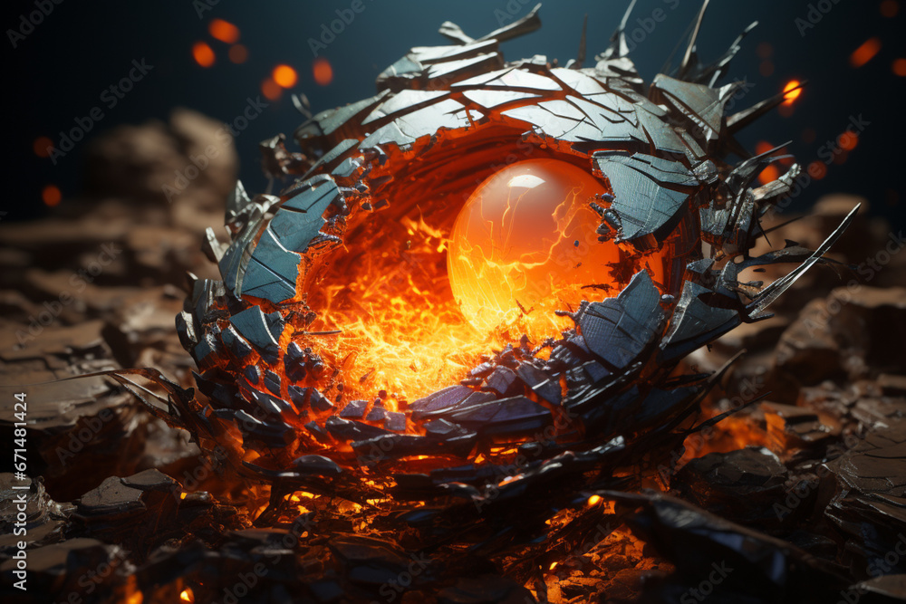 Poster A symbolic representation of a hatchling breaking free from darkness as it pushes through a cracked eggshell towards the light. 