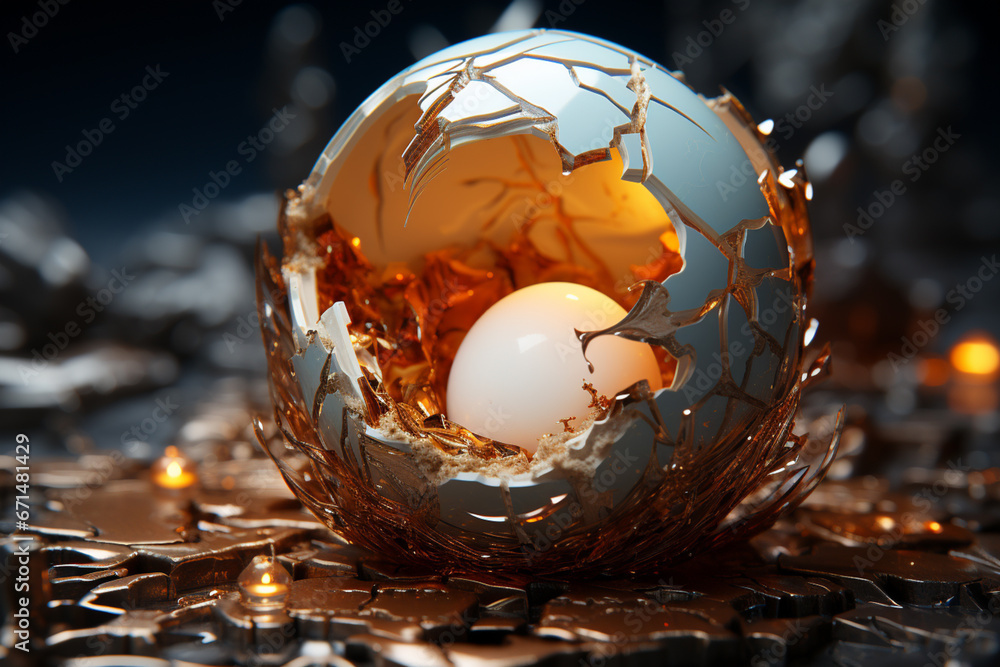 Poster A partially cracked eggshell with a tiny beak and feathers peeking through, signifying the imminent arrival of a new creature.  