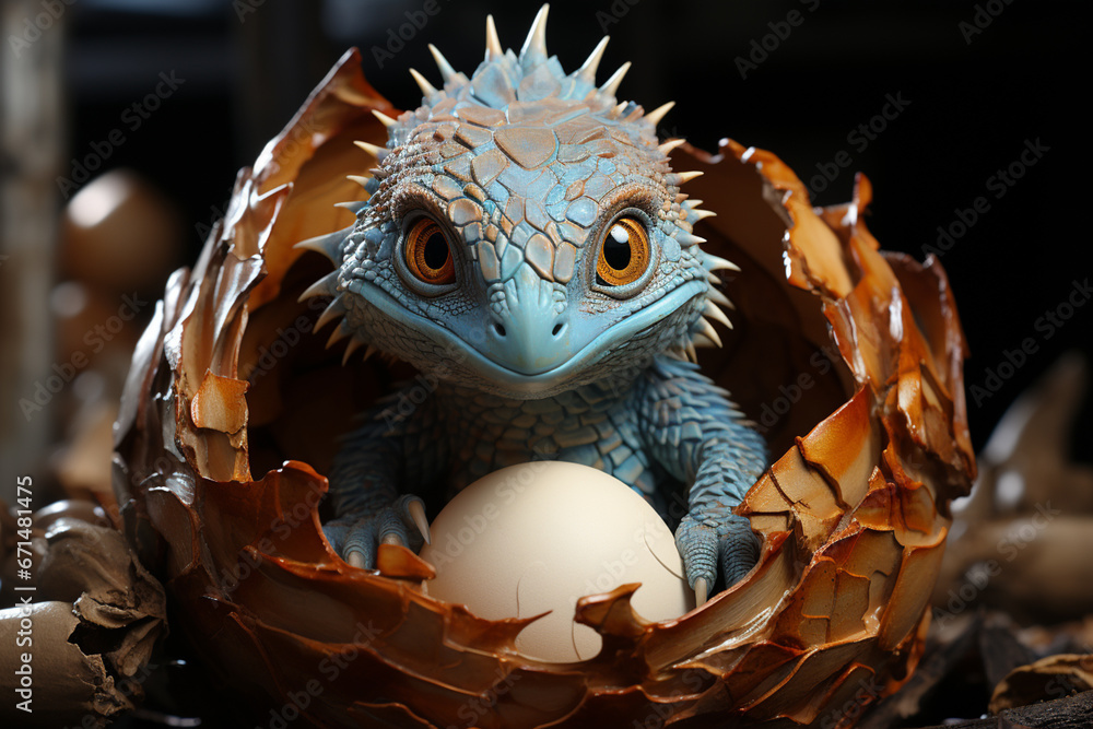 Poster A hatchling with wide eyes emerging from its eggshell, evoking innocence  