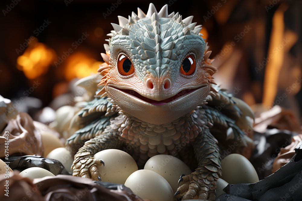 Poster a hatchling with wide eyes emerging from its eggshell, evoking innocence