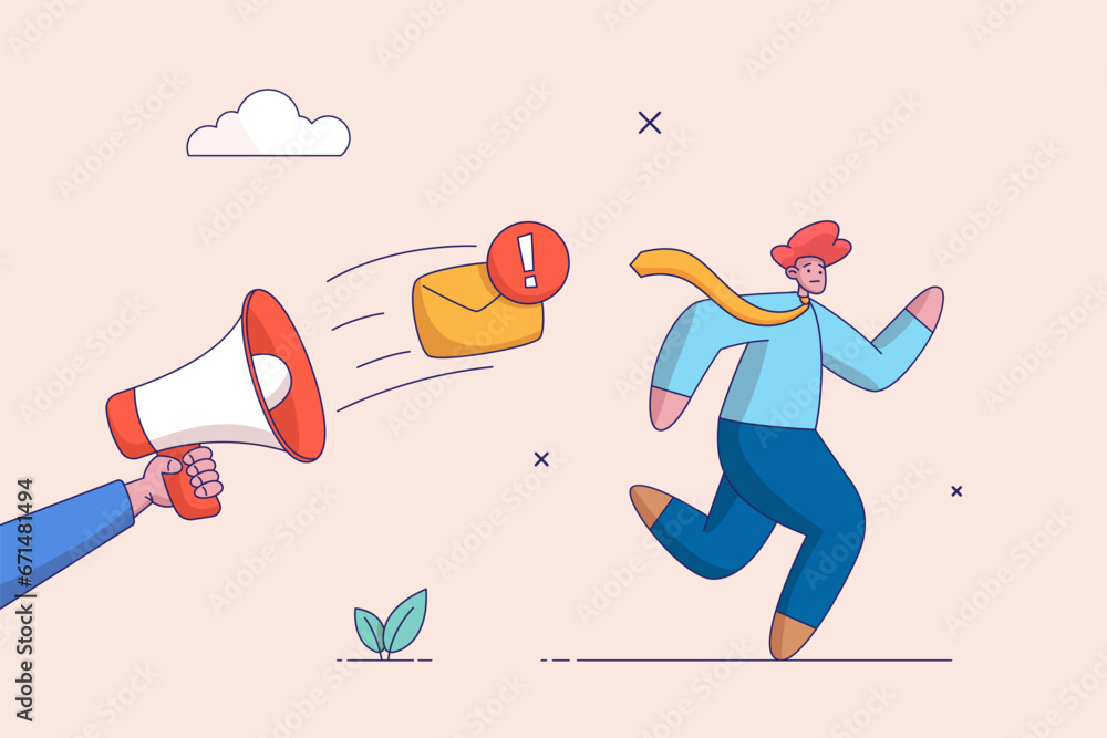 Poster internet spam concept. scared man character run from huge loudspeaker with email message. eenvelope 