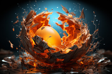 A symbolic representation of a hatchling breaking free from darkness as it pushes through a cracked eggshell towards the light.   - obrazy, fototapety, plakaty