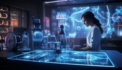 Wissenschaftlerin in einer Forschungseinrichtung mit einem Hologram Tablet und leuchtenden Icons