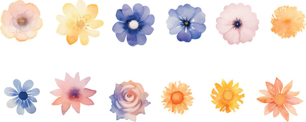 Vector set of watercolor clip art, simple minimalistic flowers, pastel colors